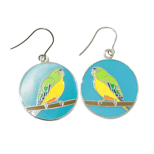 Orange Bellied Parrot enamel earrings