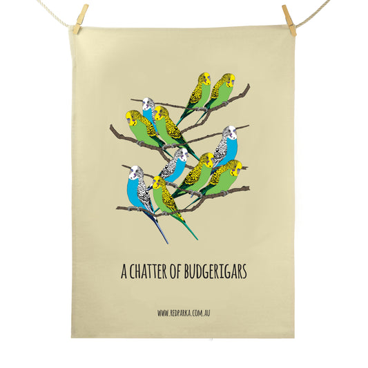 Chatter of Budgerigars Tea Towel